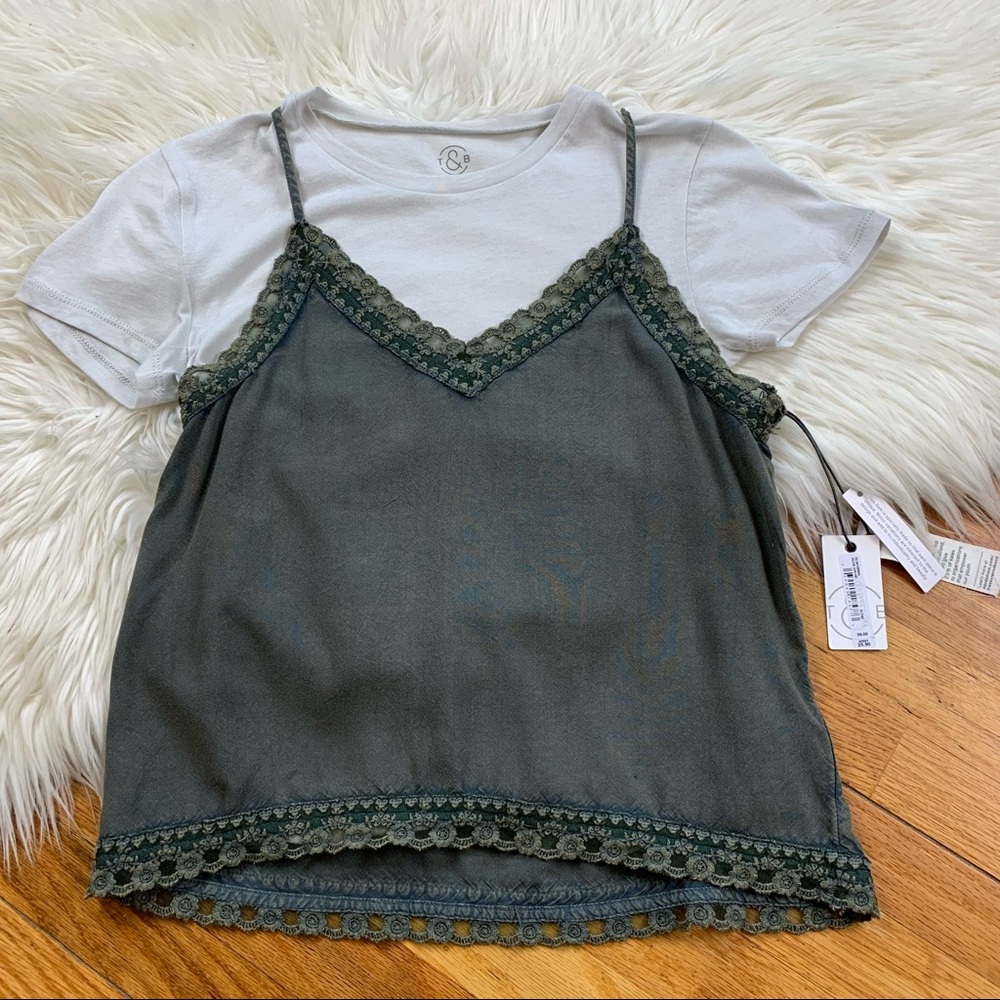 T&B NWT Girls Size 7/8 Olive Green Distressed Lace Layered Tank & Tee Shirt